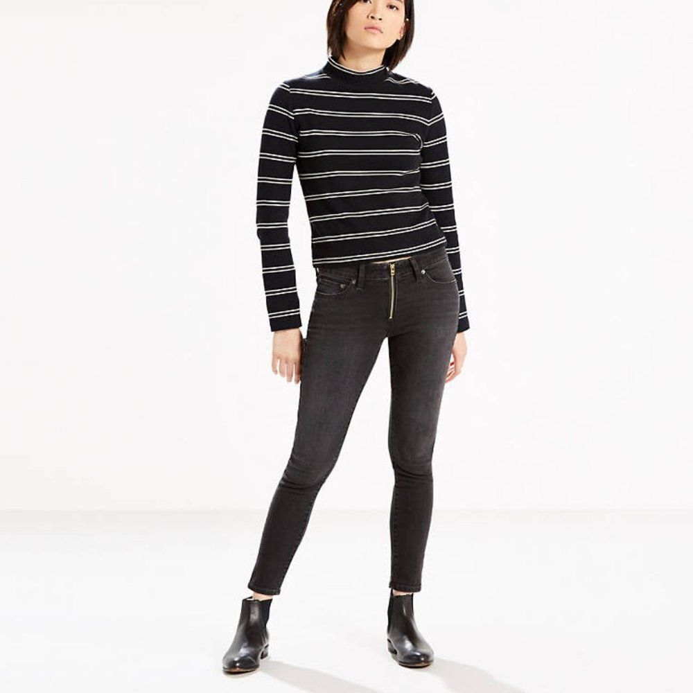 Black Denim Levi's Mid-Rise Front-Zip Skinny Jeans (NWT)